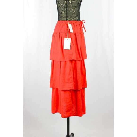 NWT Aritzia WILFRED Century Maraschino Red Linen Tiered Midi Skirt, Size XS - Picture 3 of 16